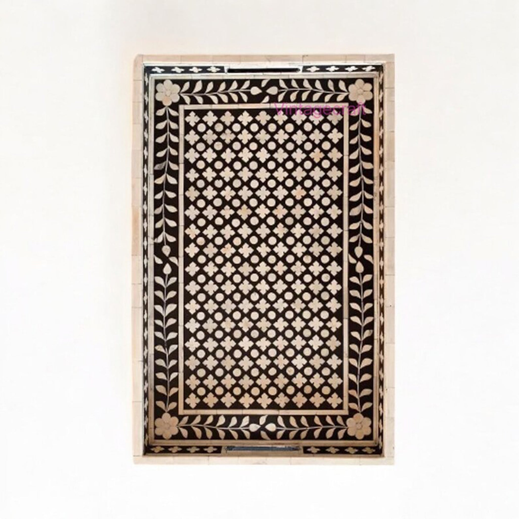 Handmade Bone Inlay Tray | Modern Floral Serving Decor