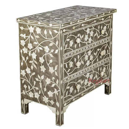 Bone Inlay Chest Of Drawer, Dresser Grey Floral Pattern Living Room Furniture