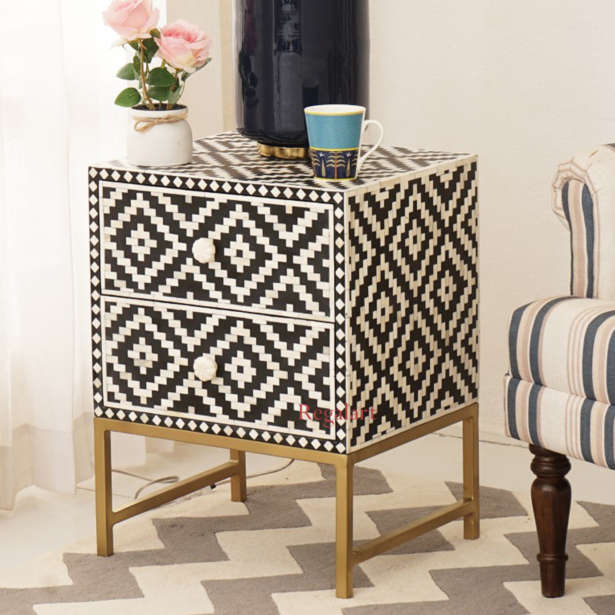 Handmade Bone Inlay Nightstand | 2-Drawer Side Table