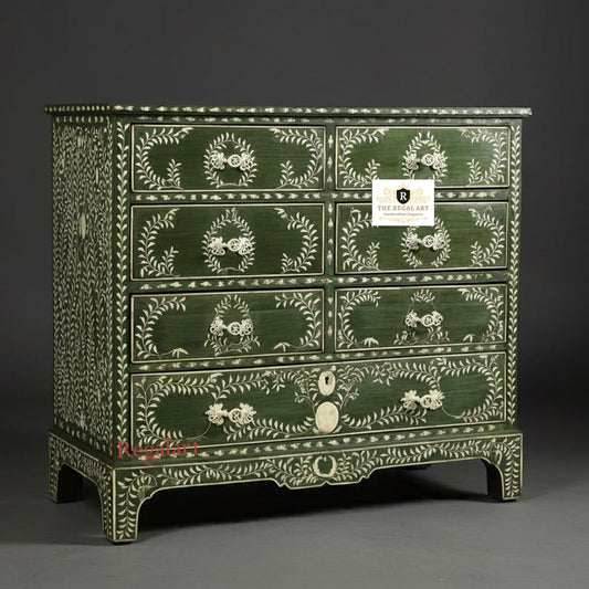 Elegant Bone Inlay Chest of Drawers - Floral 7-Drawer Handmade Dresser