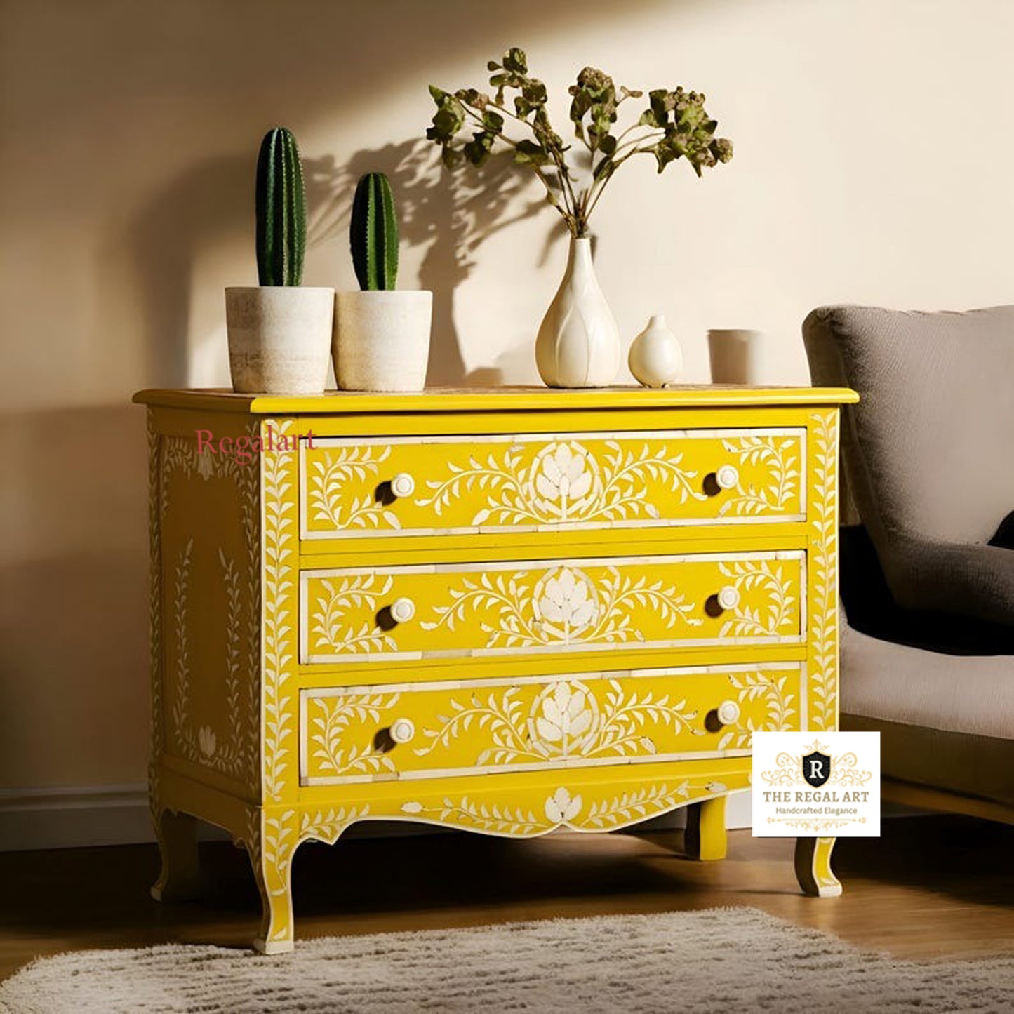 Floral Pattern Bone Inlay Dresser - 3 Drawer Chest for Home