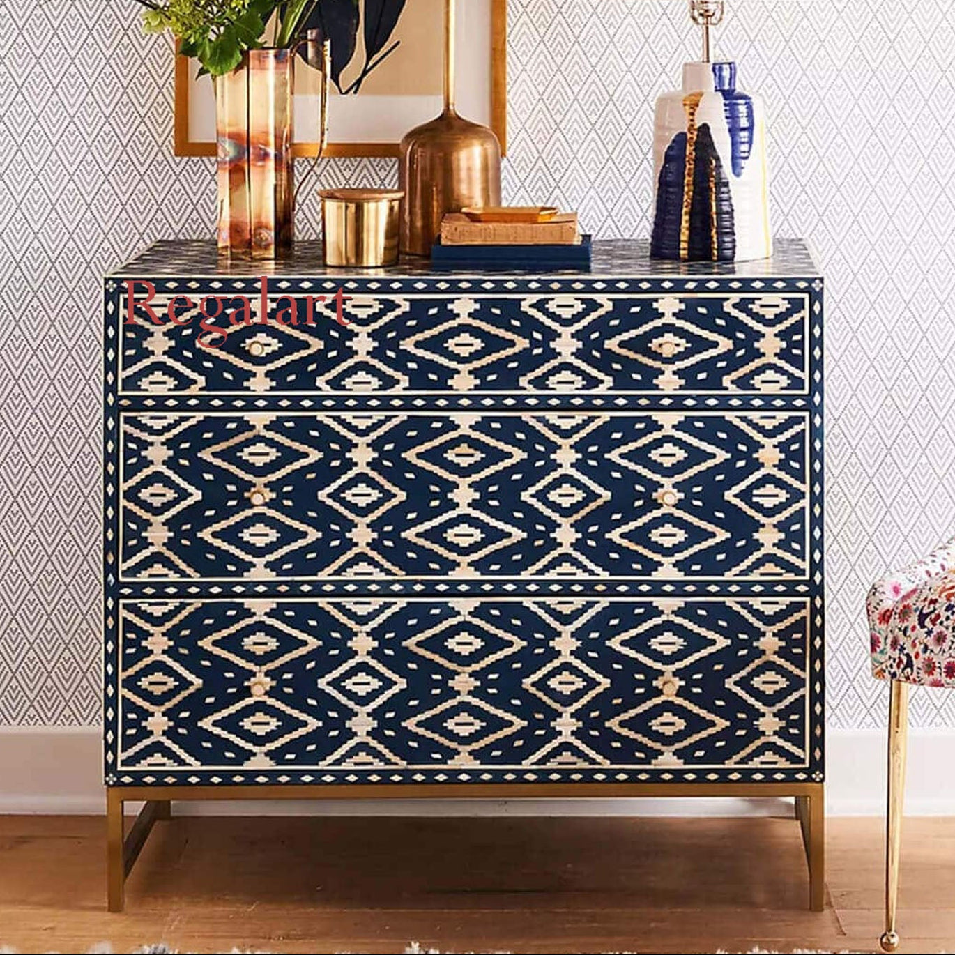 Handmade Bone Inlay Dresser | Vintage Chest of Drawers