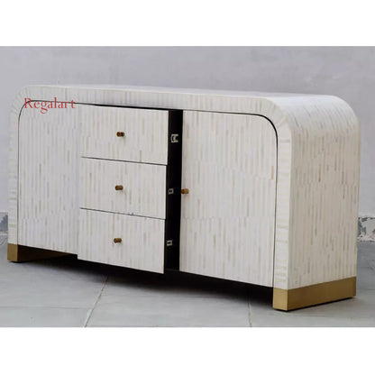 Handmade Bone Inlay Sideboard Curved - White Living Room Furniture | Bone Inlay Furniture