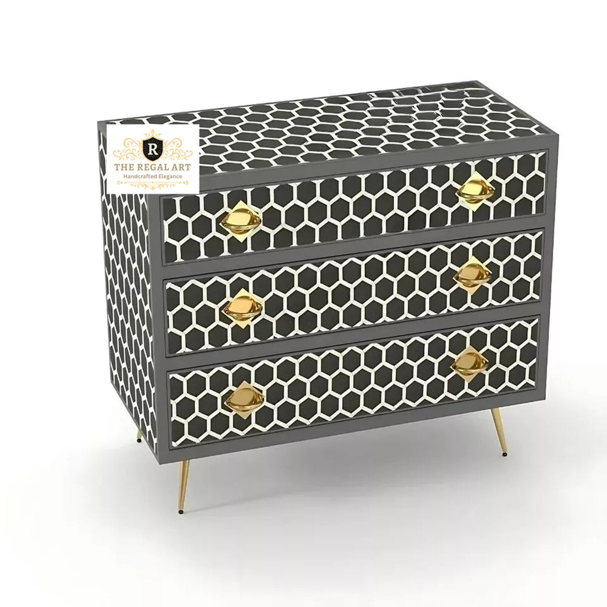 Handmade Black Bone Inlay Chest of Drawers with Honeycomb Inlay Pattern and Four Spacious Drawers