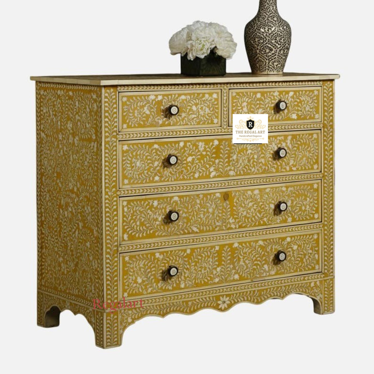 Bone Inlay Chest with Six Drawers - Herringbone Design Dresser