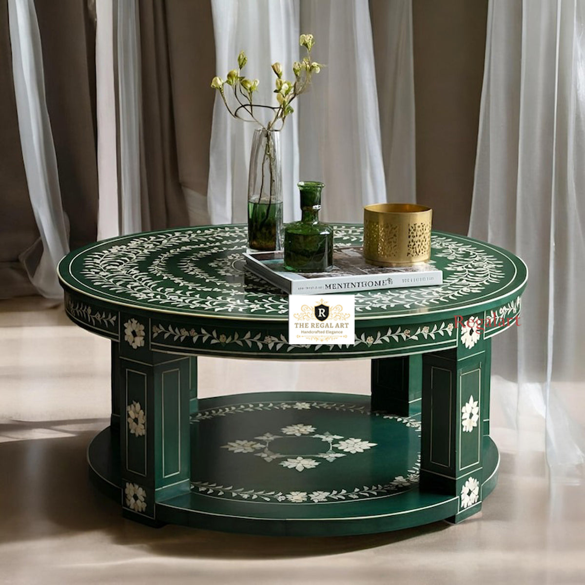 Premium Round Green Bone Inlay Coffee Table Featuring Floral Inlay Design and Double Shelf Storage