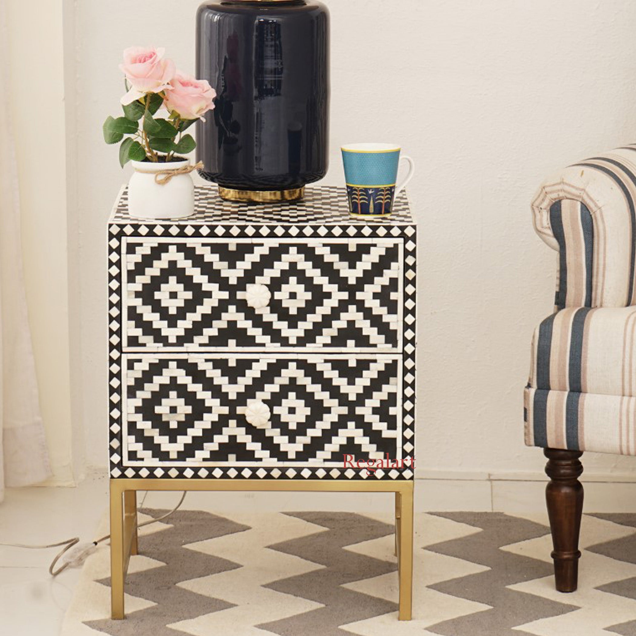 Handmade Bone Inlay Nightstand | 2-Drawer Side Table