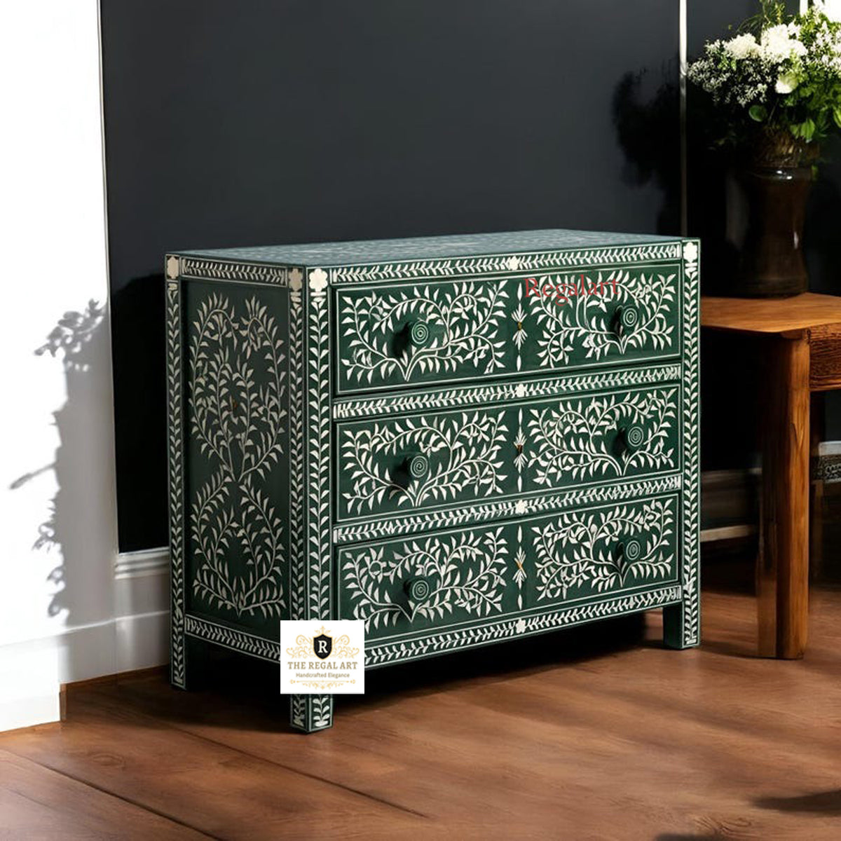 Premium Green Bone Inlay Floral Dresser with Three Spacious Drawers for Elegant Home Décor