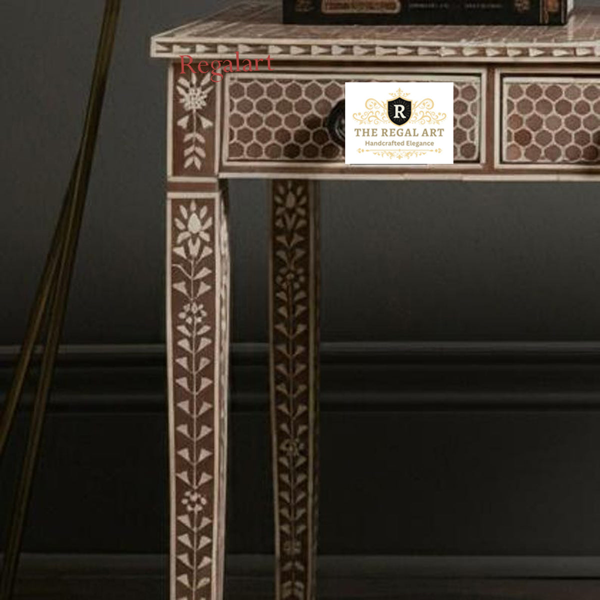 Close-Up of Handmade Pink Bone Inlay Desk Showcasing Intricate Leaf Pattern Craftsmanship