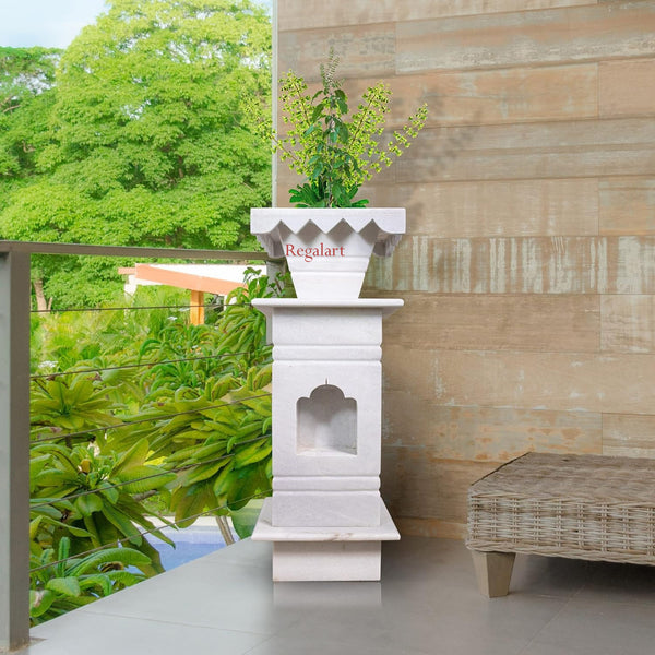 White Marble Tulsi Planter | Elegant Home Garden Decor Pot