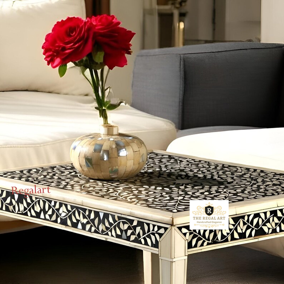 Close-Up of Handmade Bone Inlay Coffee Table Showcasing Intricate Black & White Floral Inlay Craftsmanship