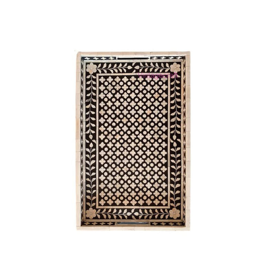 Handmade bone inlay serving tray with floral pattern
