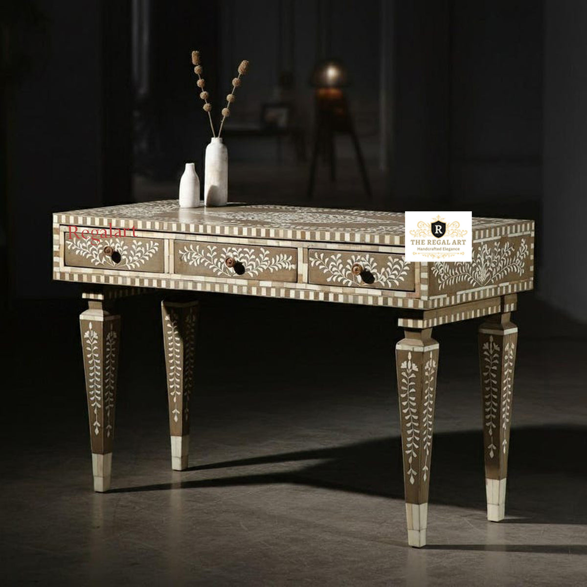 Floral Pattern Bone Inlay work desk | Brown Inlay Desk Handmade Three Drawer