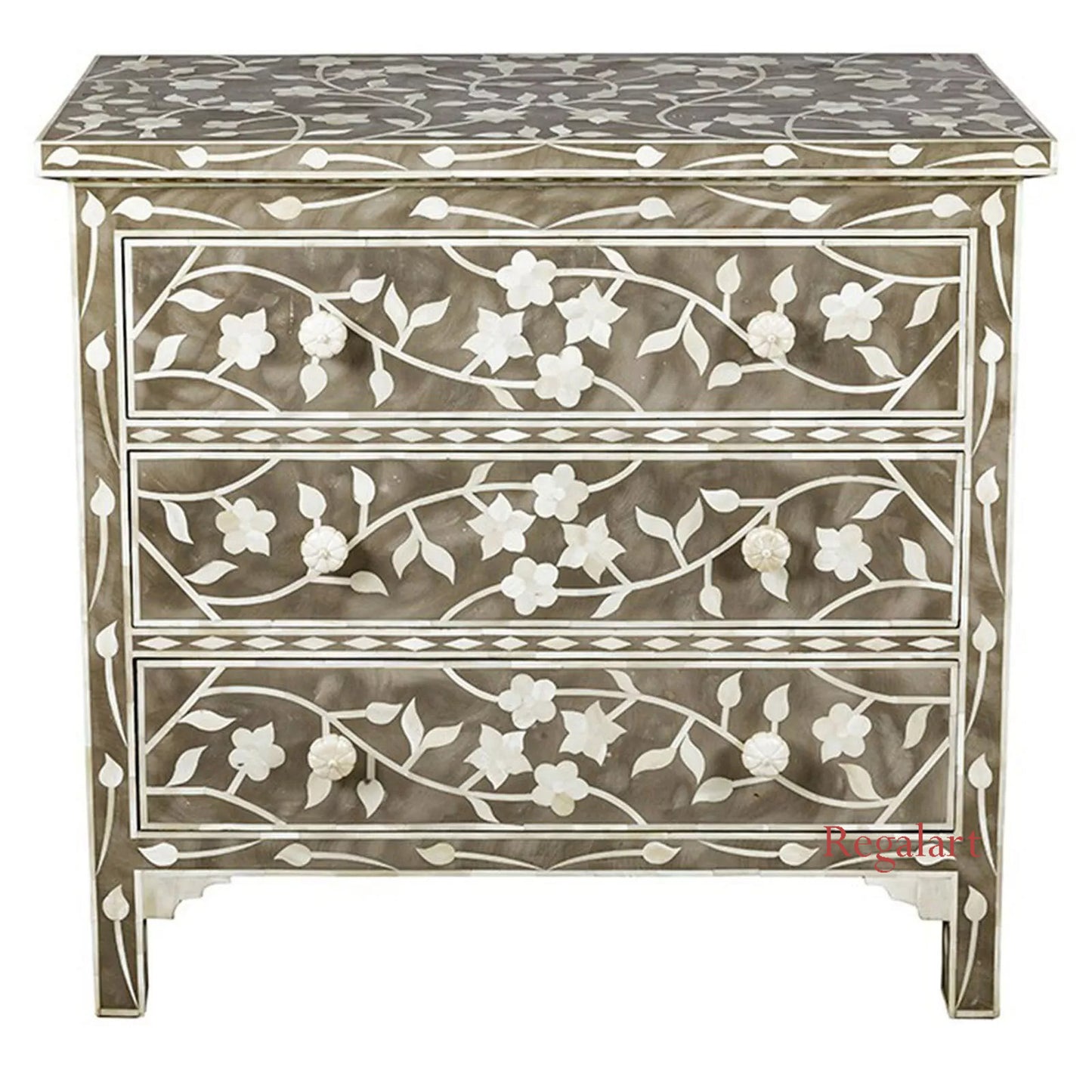 Bone Inlay Chest Of Drawer, Dresser Grey Floral Pattern Living Room Furniture