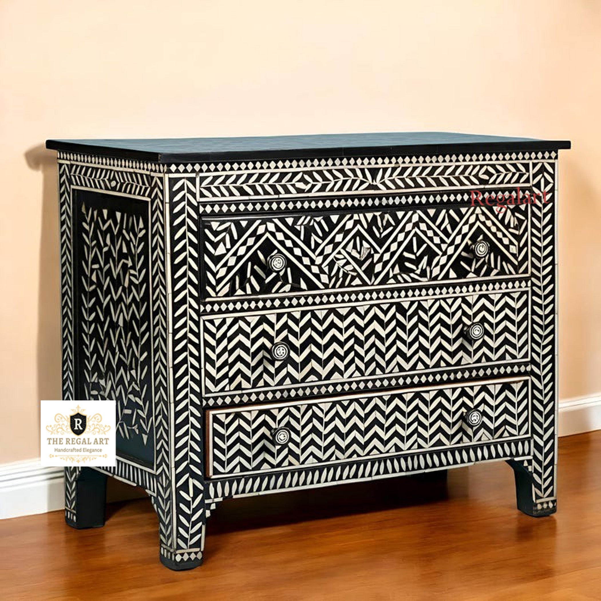 Handmade KitKat Pattern Bone Inlay Dresser – Zed Black 3 Drawer Chest for Bedroom & Living Room
