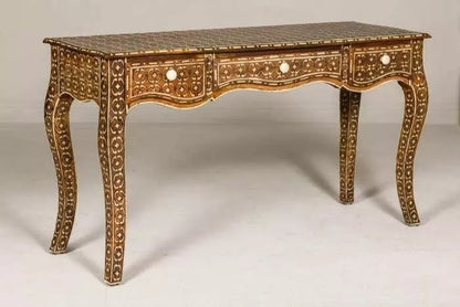 Vintage Console Table Three Drawers Louis XV Style Anglo-Indian Bone Inlay Furni