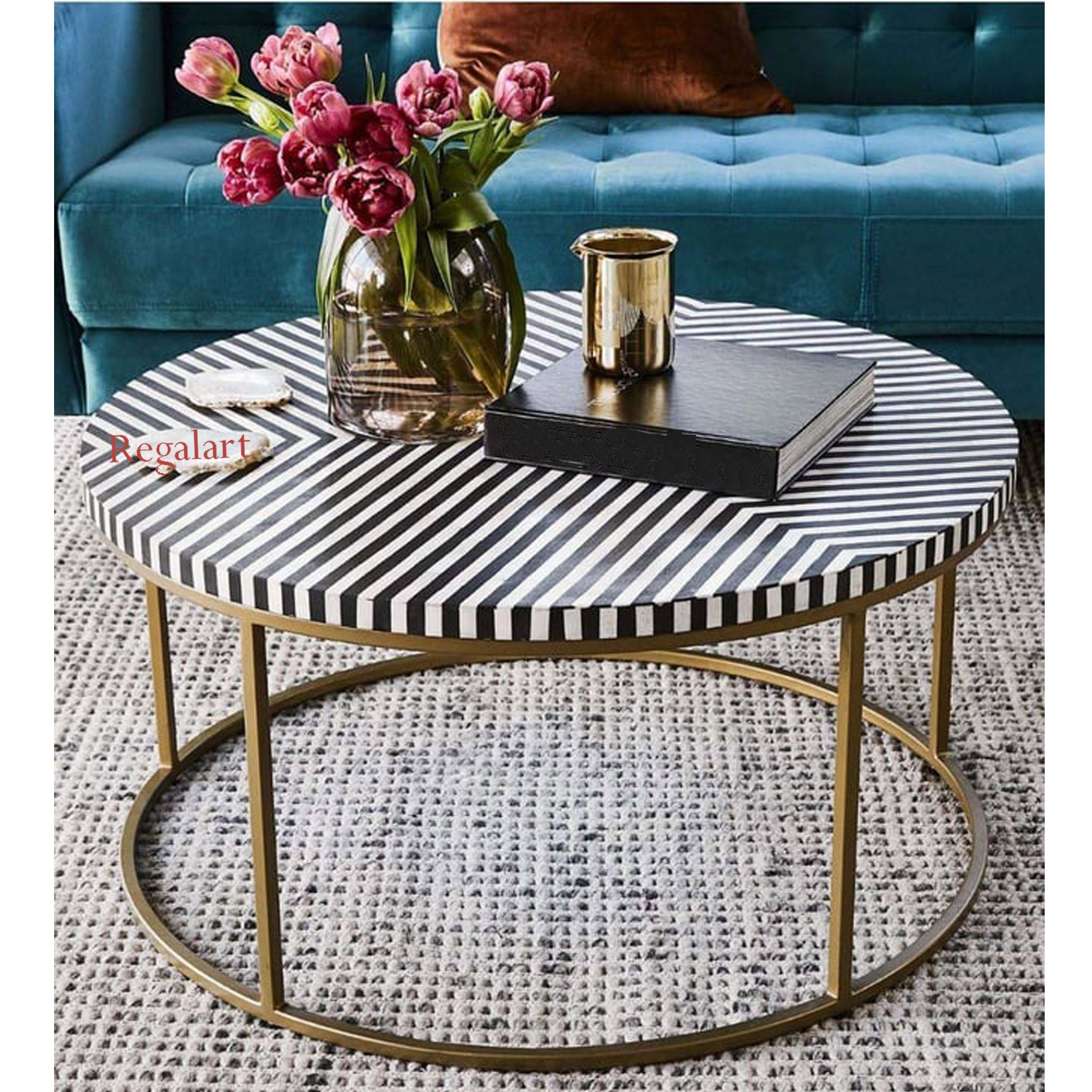 Luxury Bone Inlay Round Coffee Table with Metal Stand