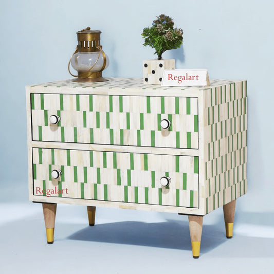 Uneven Pattern Green Bedside Table – 2-Drawer Bone Inlay Nightstand | Handmade Luxury Furniture for Bedroom Decor