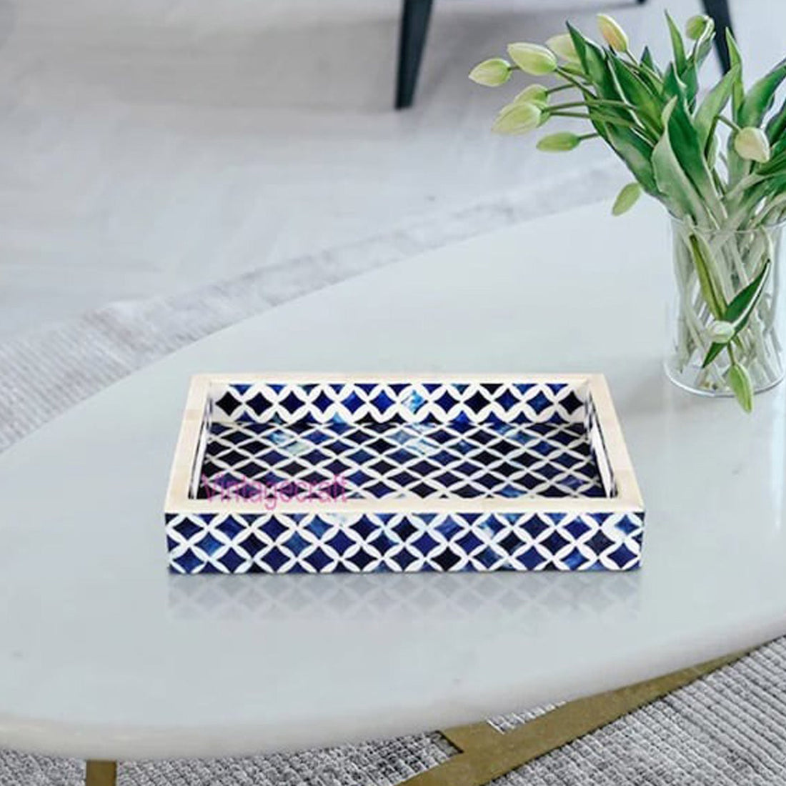 Handmade Blue Bone Inlay Kitchen Serving Tray with Floral Pattern – Decorative Home Décor Accent