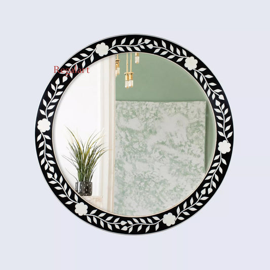 Handmade Black Floral Bone Inlay Mirror Frame - Modern Home Décor Art