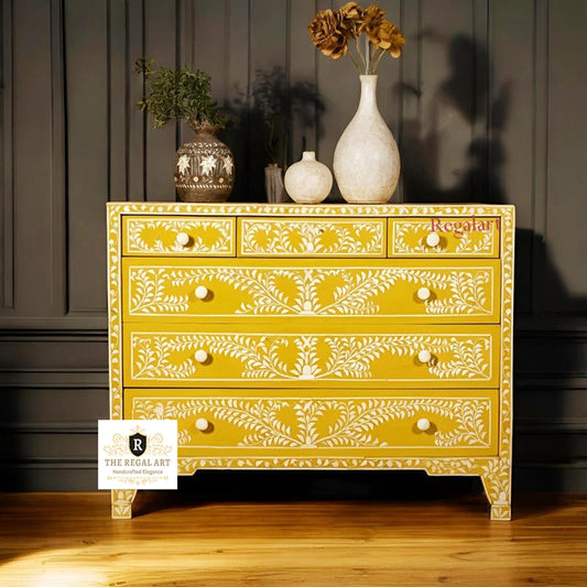 Premium Bone Inlay Six Drawer Chest | Floral Yellow Dresser | Home Storage Solution