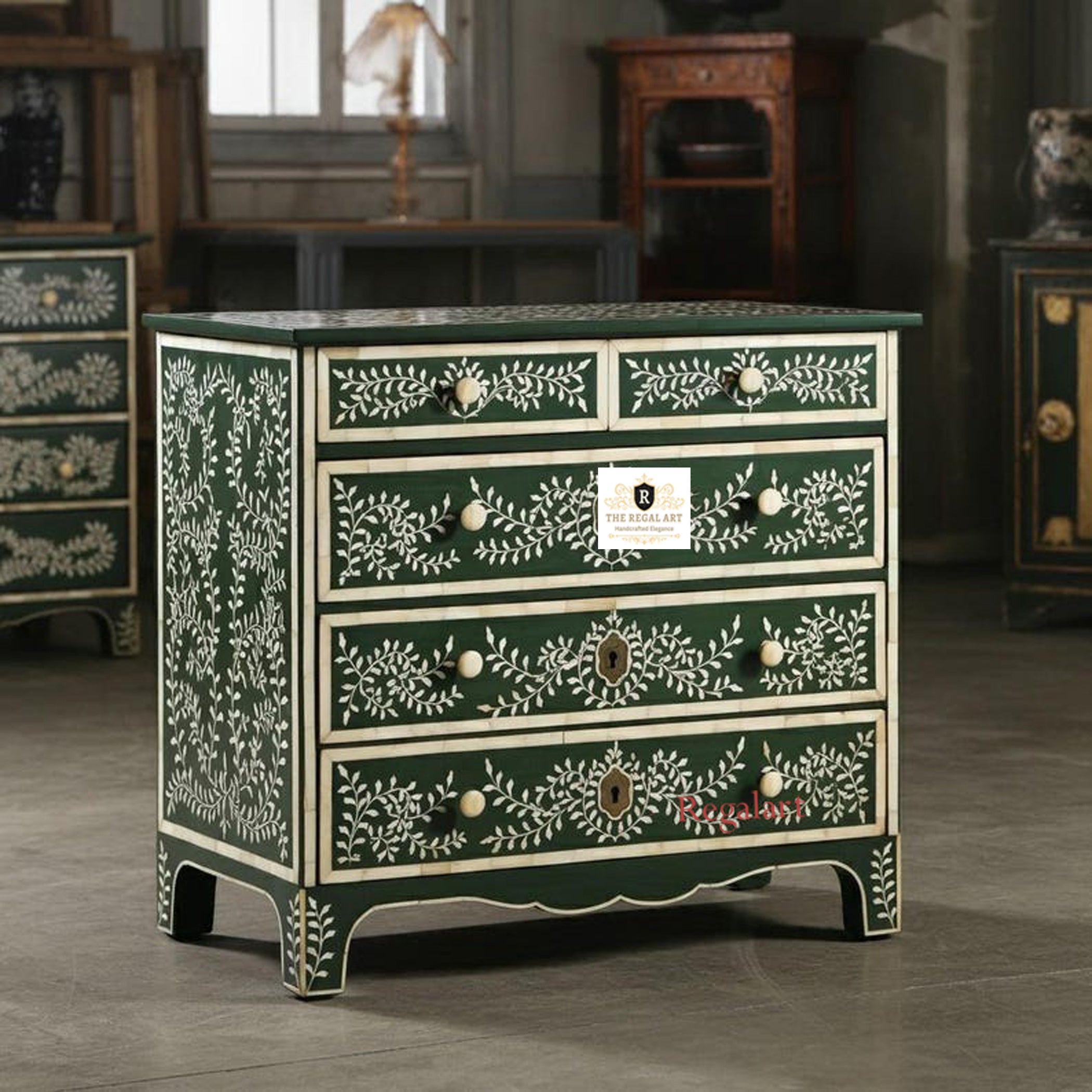 Five Drawer Bone Inlay Chest | Leaf Pattern Dresser | Dark Green Bone Inlay Chest | Dressers for home | 5 Drawers Chest for home