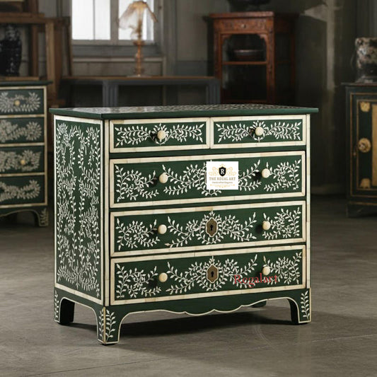 Five Drawer Bone Inlay Chest | Leaf Pattern Dresser | Dark Green Bone Inlay Chest | Dressers for home | 5 Drawers Chest for home