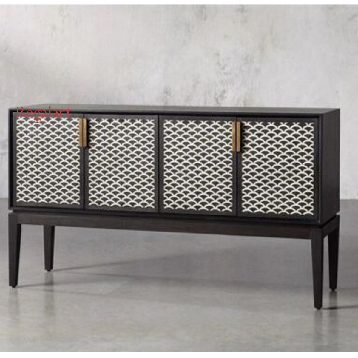 Handmade Black Bone Inlay Sideboard Cabinet with White Scallop Inlay Design and Contemporary Wooden Base