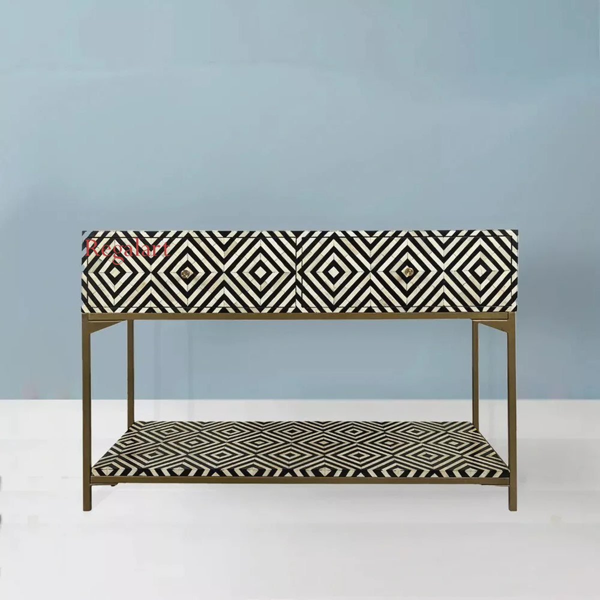 Handmade Black and White Bone Inlay Console Table with Geometric Pattern and Lower Shelf for Luxury Entryway Furniture