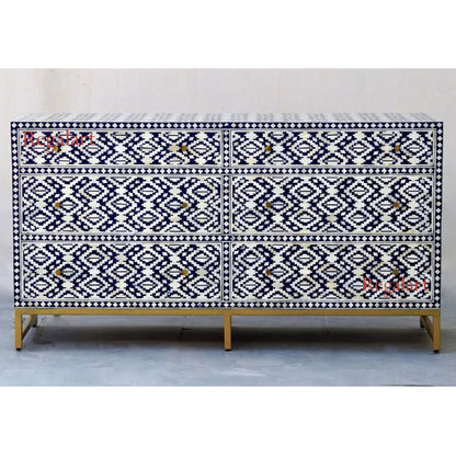 Bone Inlay Sideboard - Navy Tribal Ikat Living Room Furniture- MADE TO ORDER