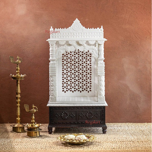 Handcrafted Vietnam Marble Mandir | White Stone Home Temple Decor