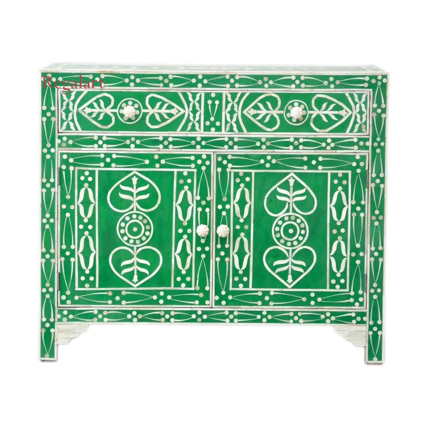 Bone Inlay Chest Of Drawers Drawer, 2 Doors 1 Drawer, Cabinet - Green Leaf Patte