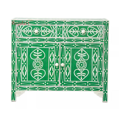 Bone Inlay Chest Of Drawers Drawer, 2 Doors 1 Drawer, Cabinet - Green Leaf Patte