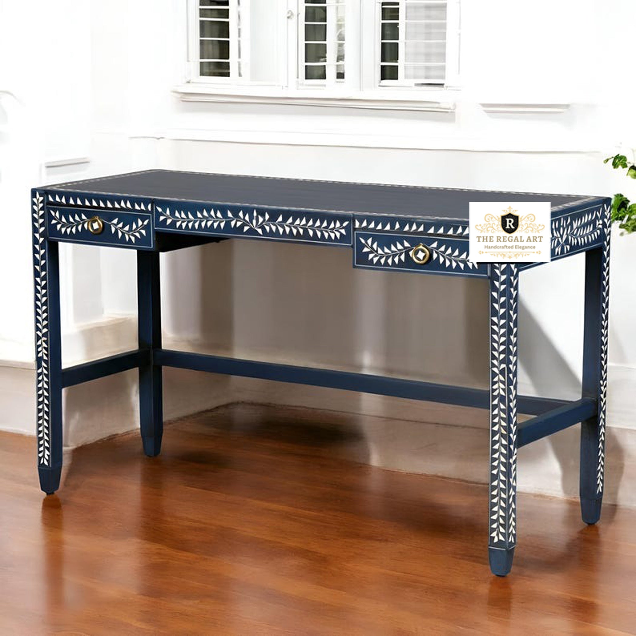 Floral pattern Bone Inlay work desk | Blue Inlay Desk | Desk with Footrest  Bone Inlay Desk | Navy Blue Desk