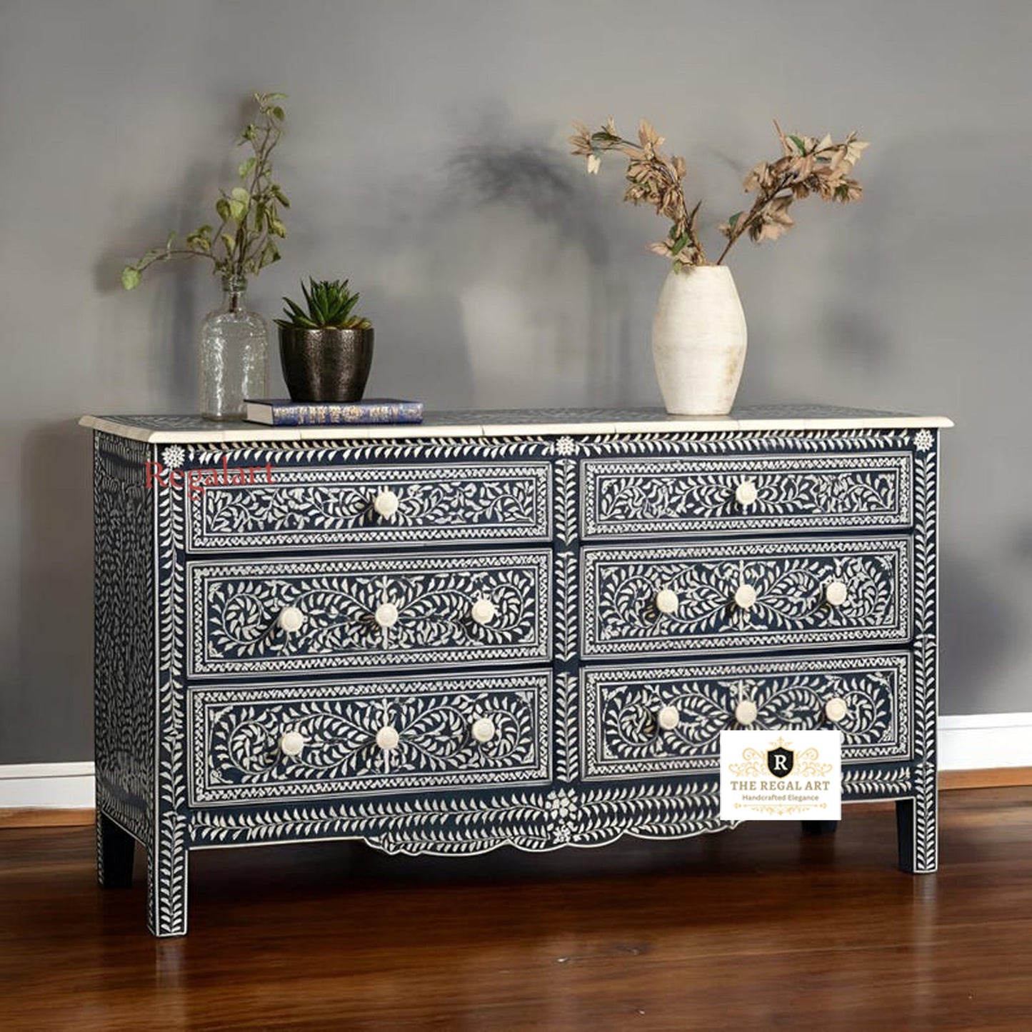 Navy Blue Six Drawer | Bone Inlay Floral Dresser | Elegant Buffet Storage