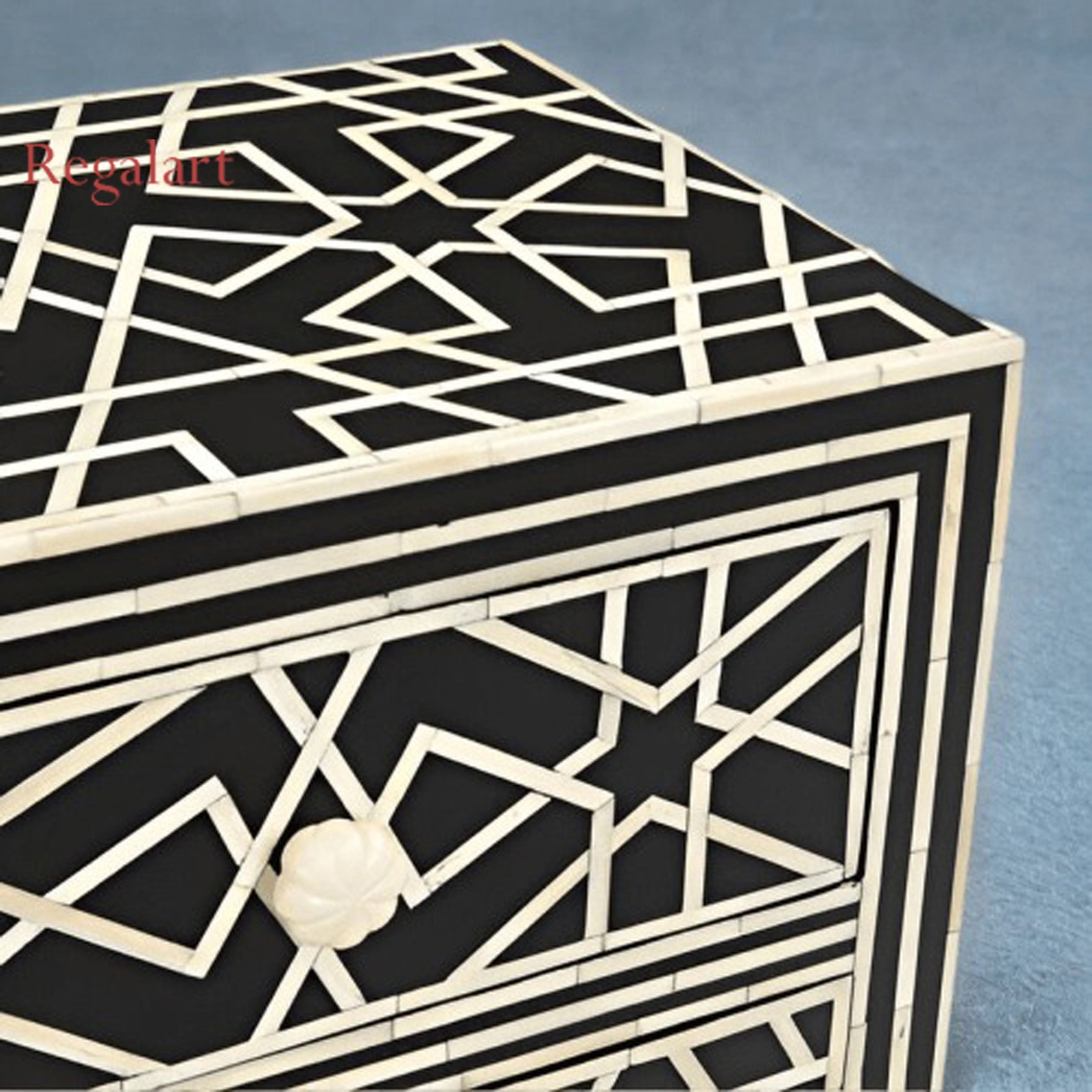 Luxury Geometric Bone Inlay Table | 1 Drawer 1 Door
