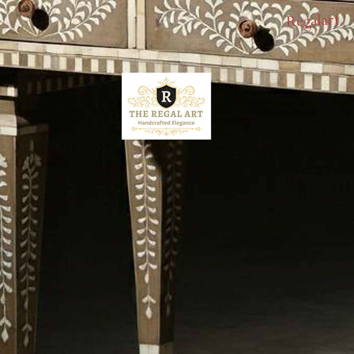 Floral Pattern Bone Inlay work desk | Brown Inlay Desk Handmade Three Drawer
