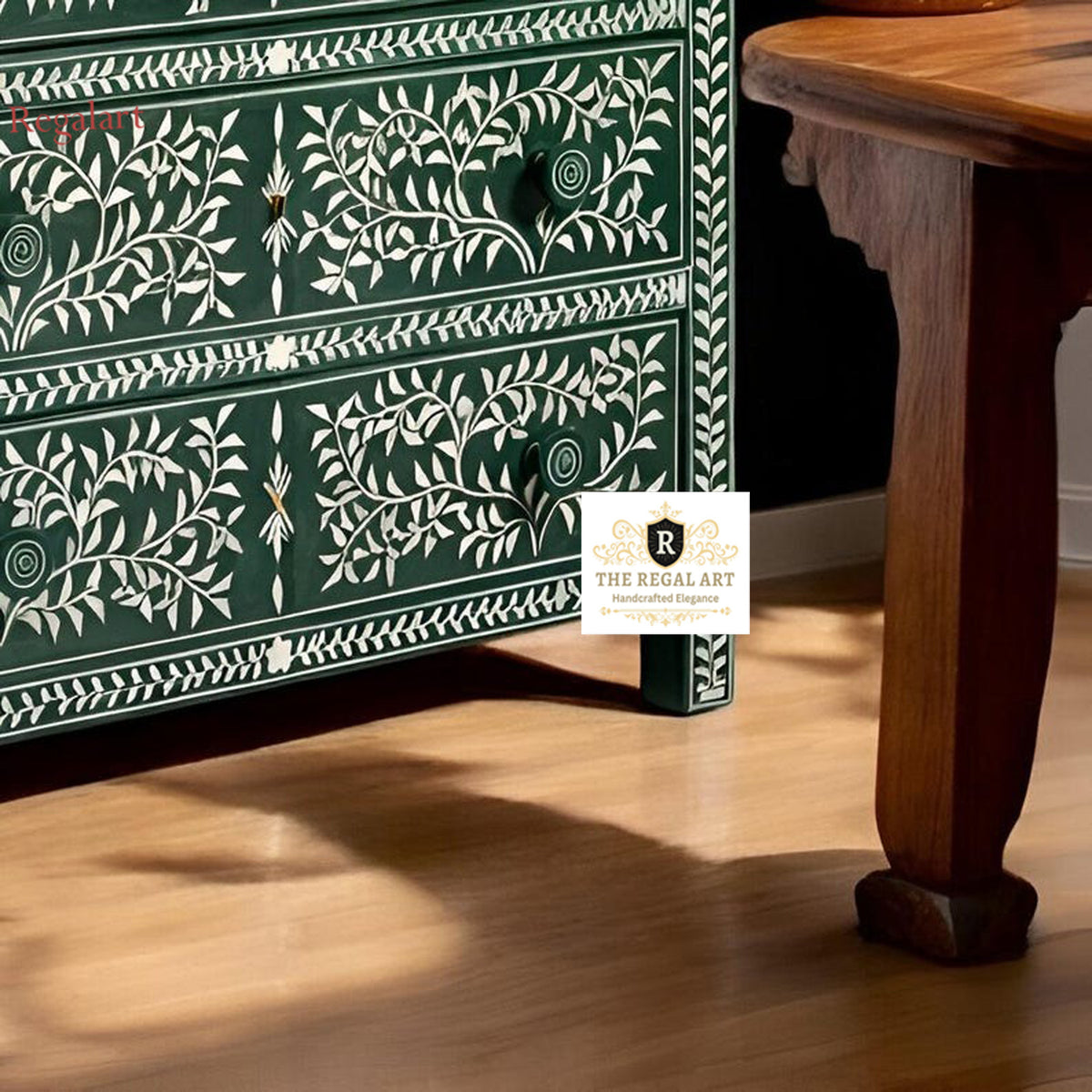 Side View of Green Bone Inlay Chest of Drawers Featuring Handcrafted Floral Pattern