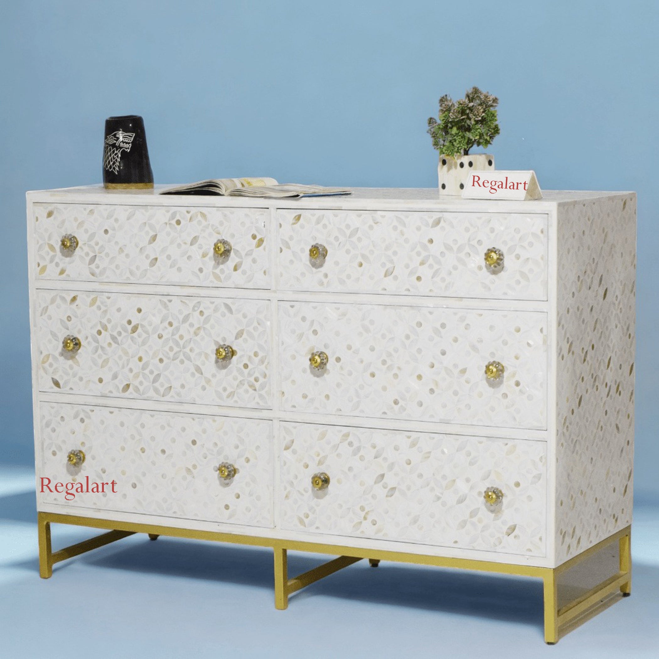 Mother of Pearl Inlay 6 Drawer Chest | Eye Cut Design Dresser