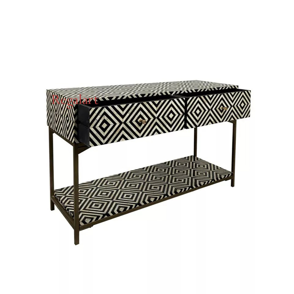 Side View of Handmade Black and White Bone Inlay Console Table with Modern Geometric Design and Display Shelf