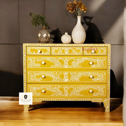 Premium Bone Inlay Six Drawer Chest | Floral Yellow Dresser | Home Storage Solution