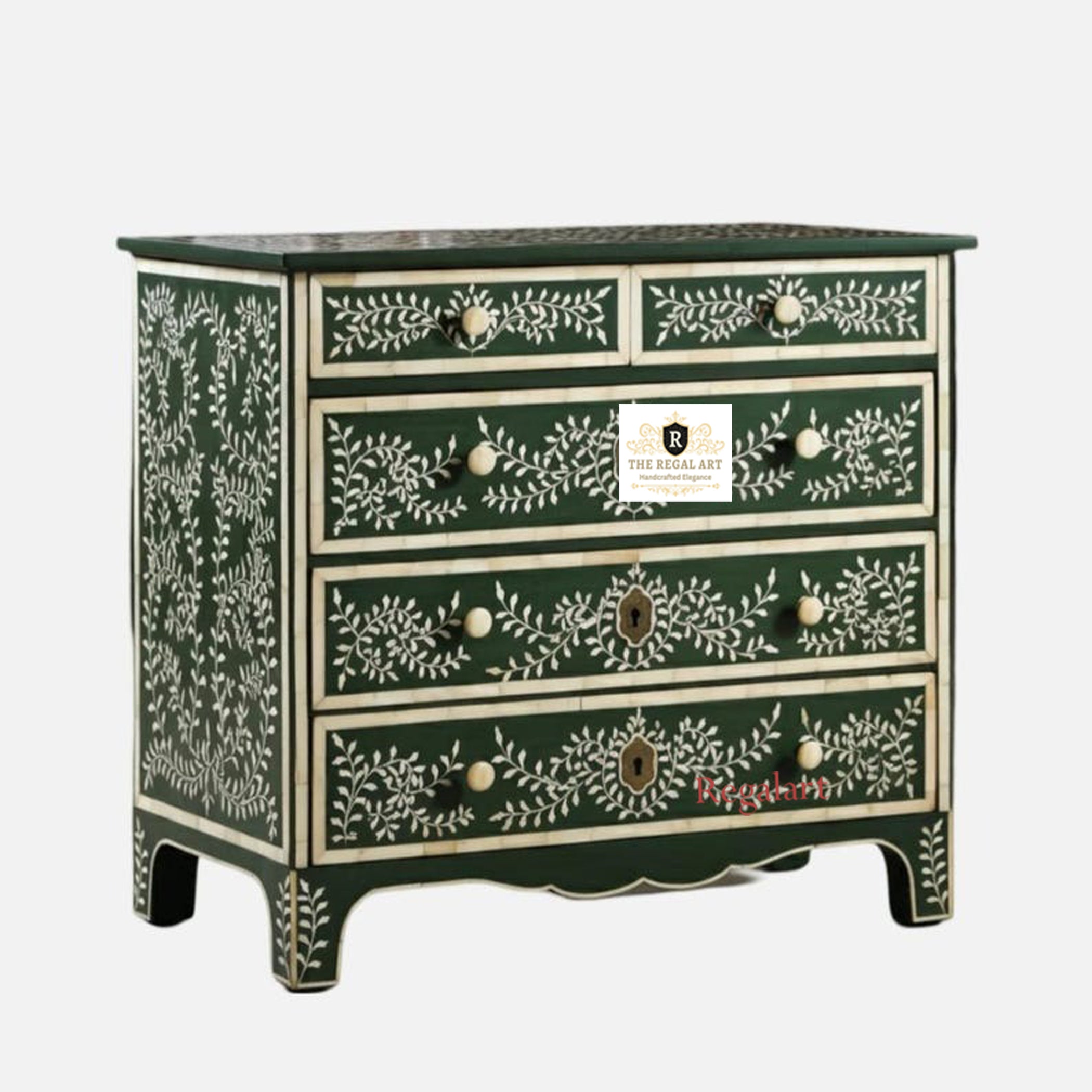 Five Drawer Bone Inlay Chest | Leaf Pattern Dresser | Dark Green Bone Inlay Chest | Dressers for home | 5 Drawers Chest for home