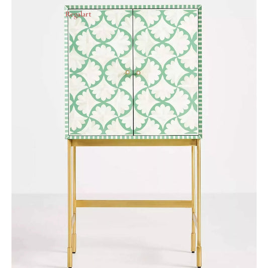 Bone Inlay Bar Cabinet, Leafy Unit In Teal Finish Modern Pattern Home Décor