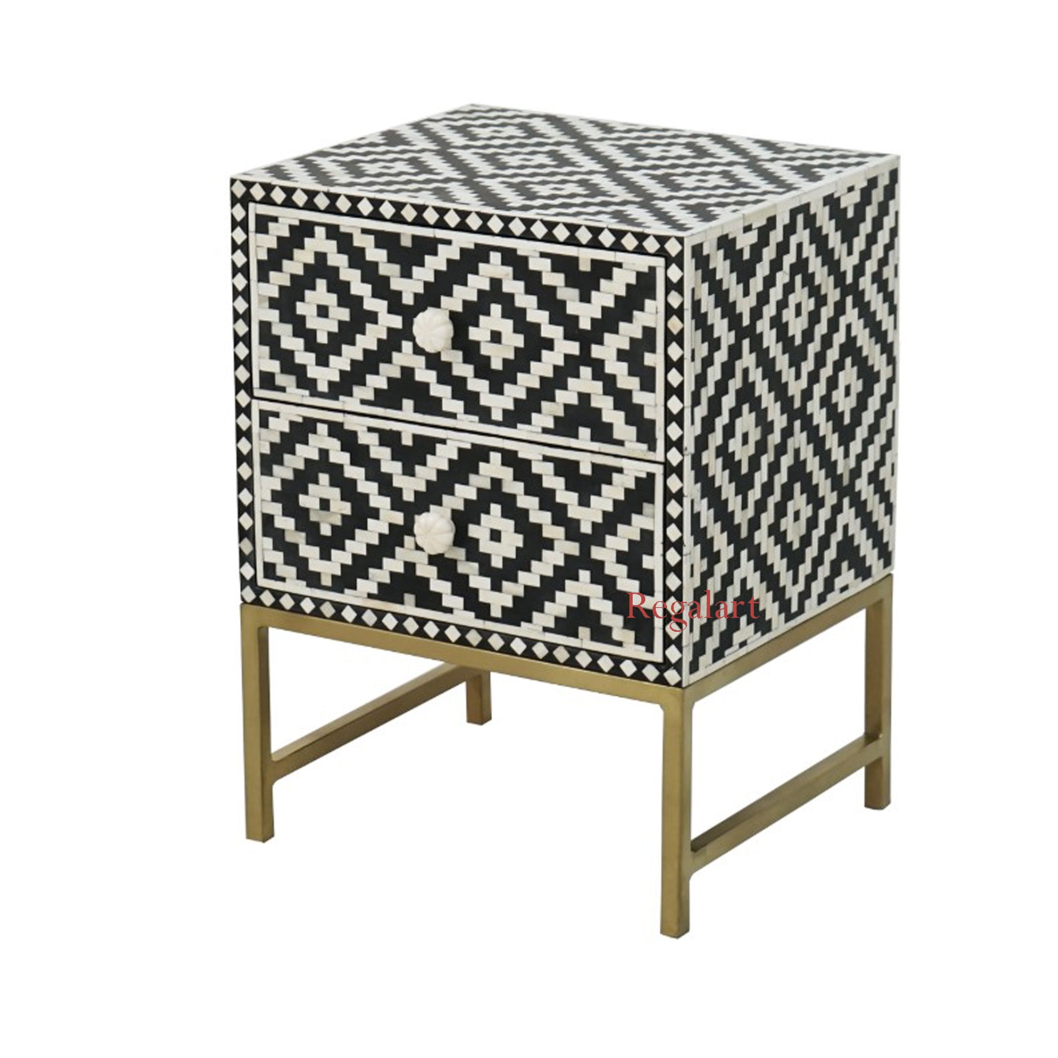 Handmade Bone Inlay Nightstand | 2-Drawer Side Table