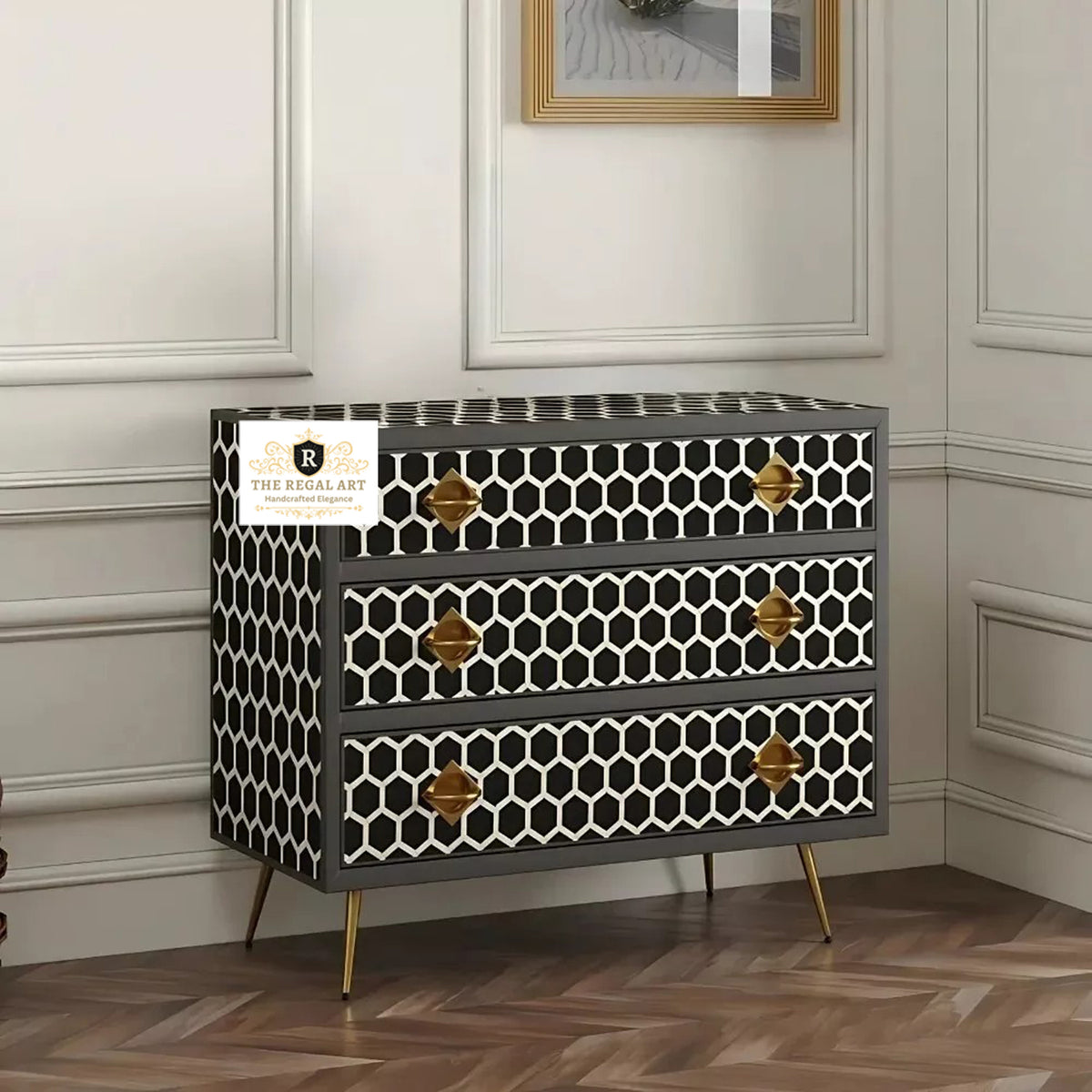 Handmade Black Bone Inlay Chest of Drawers with Honeycomb Pattern and Gold Metal Legs Styled in a Modern Bedroom