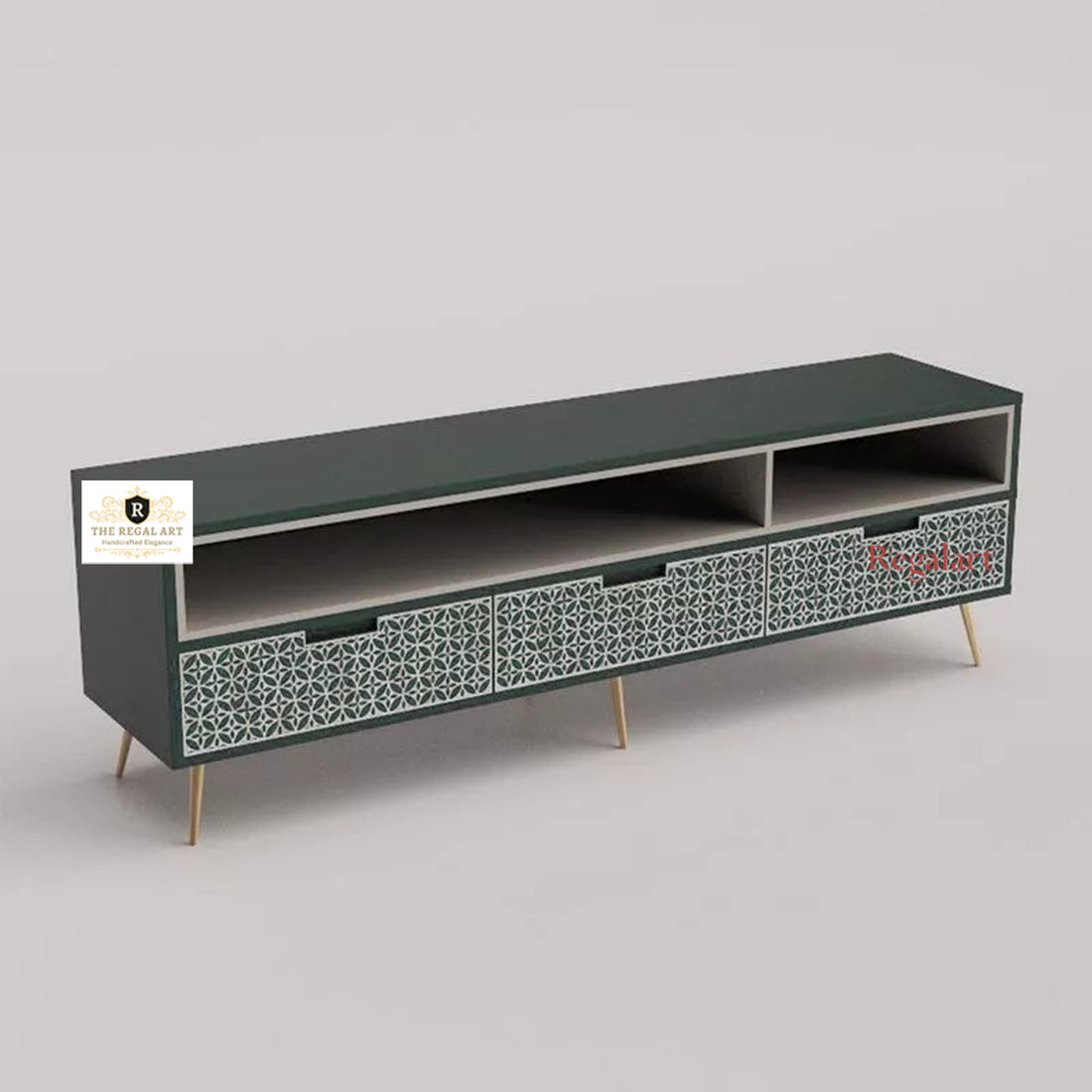 Bone Inlay Media Unit Entertainment | Geofloral Navy Blue TV Unit