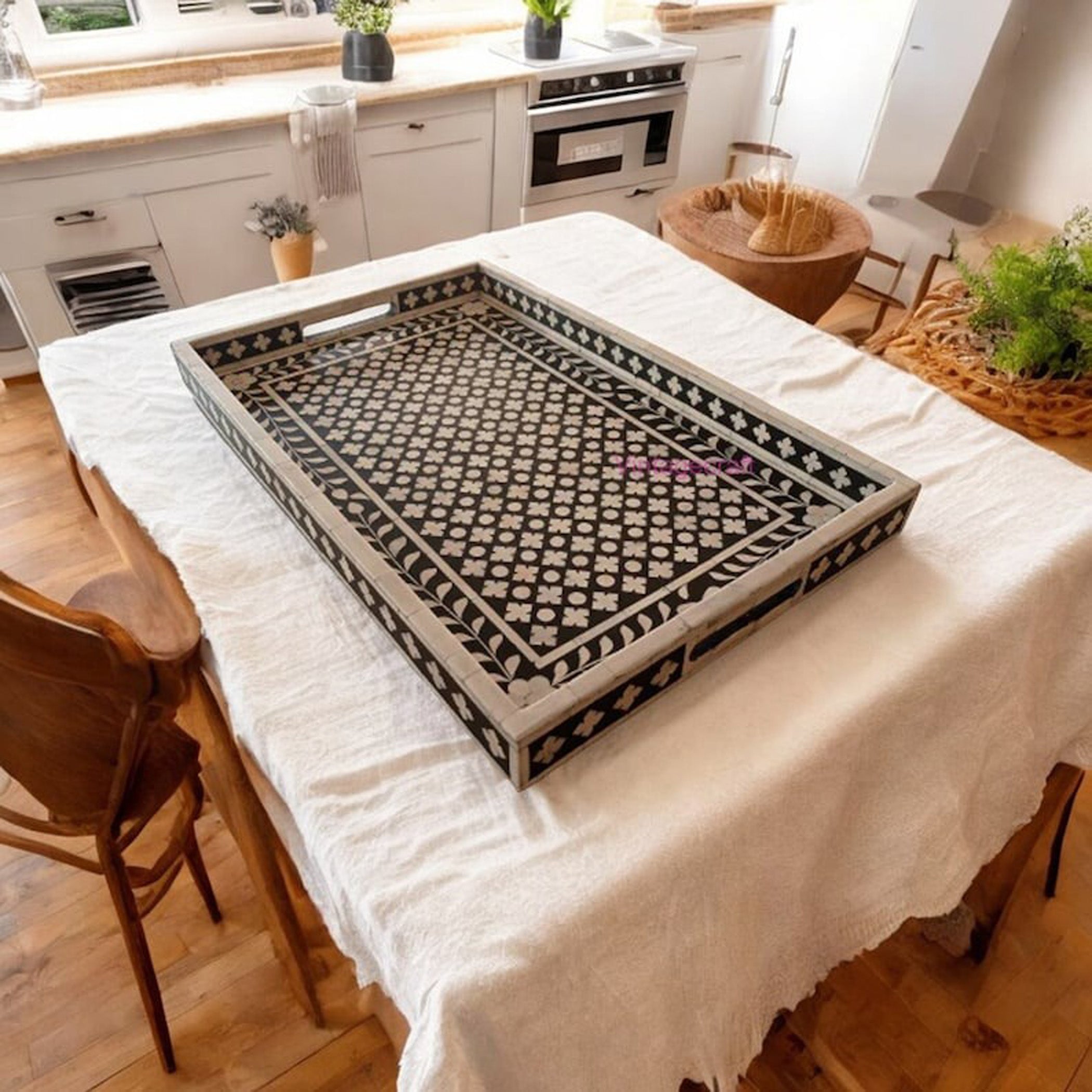 Handmade bone inlay serving tray with floral pattern
