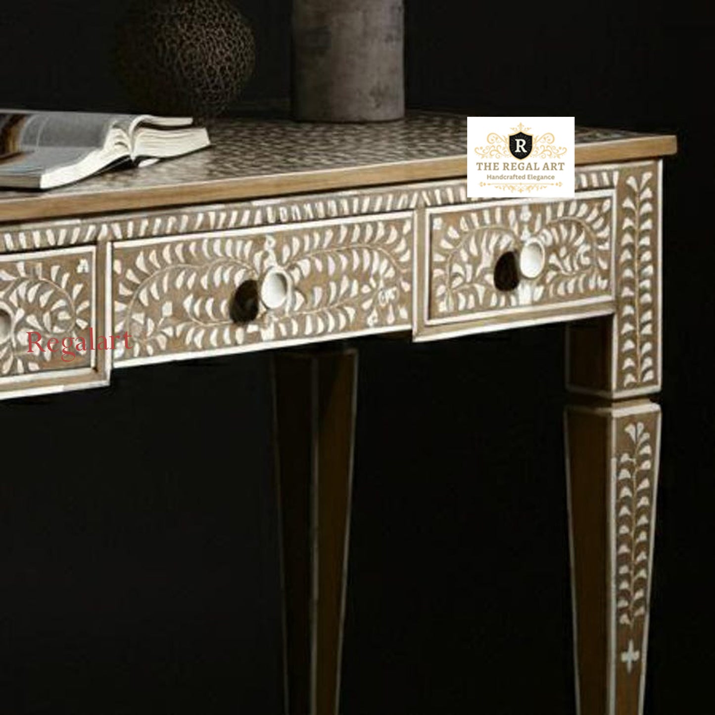 Bone Inlay Work Desk with Three Drawers - Brown Inlay Bedroom Decor