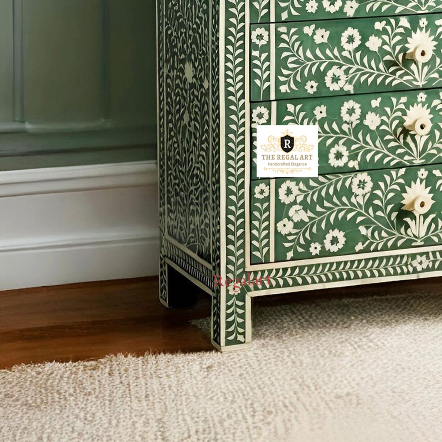 Four Drawer Bone Inlay Chest | Green Floral Pattern Dresser | Home