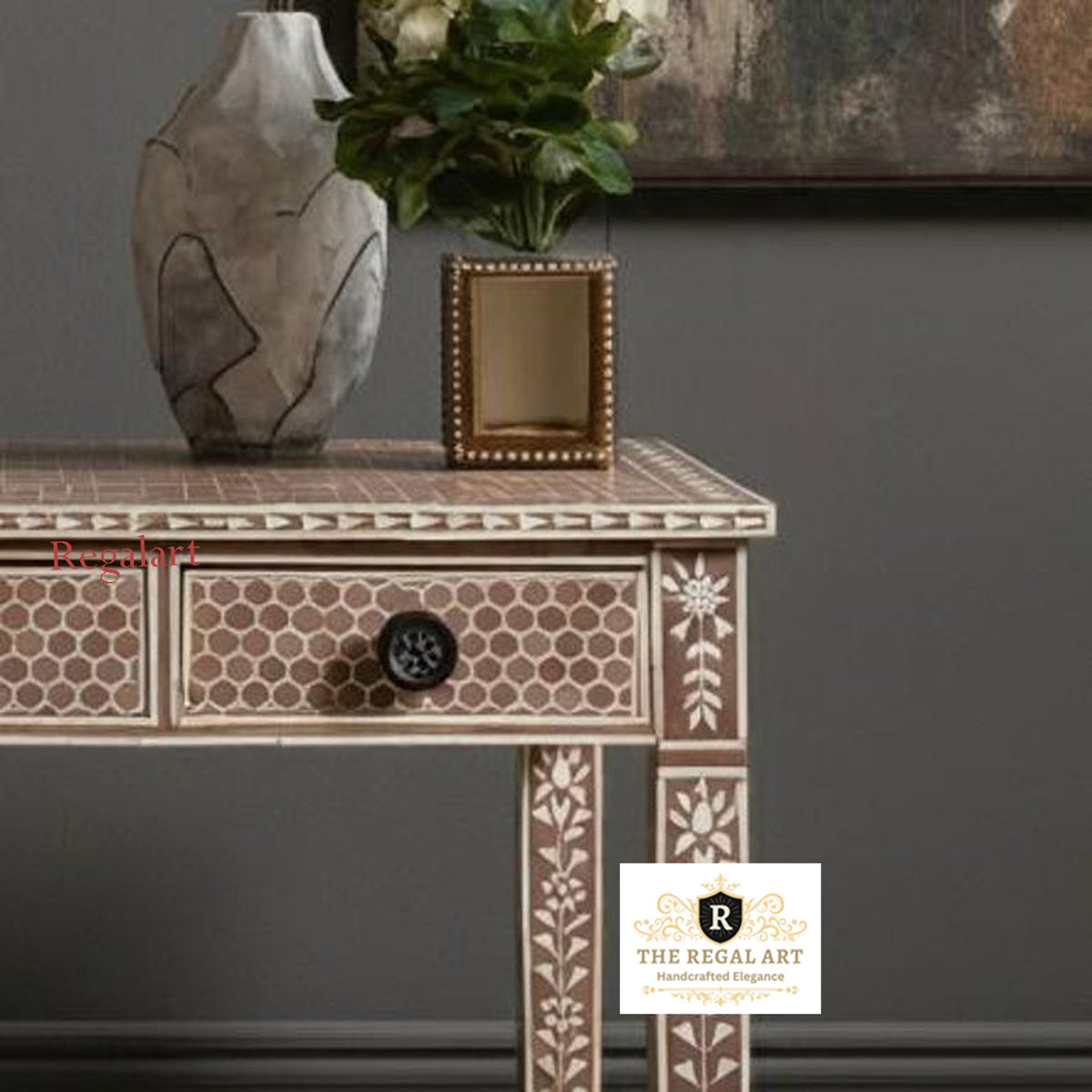 Close-Up of Pink Bone Inlay Desk Drawer with Decorative Knob and Handcrafted Inlay Details